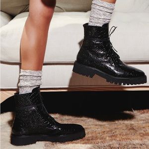 Freda Salvador Emi Lug Combat Boot in Black Embossed Croc size 8